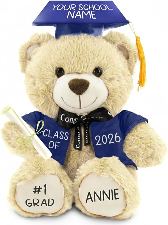 Printualist Personalized Graduation Teddy Bear Gift 2026 for Her Him, College, High School, 12 Inch - Cute Custom Beige Bear with Blue Gown Add Your Name and Year on the Feet