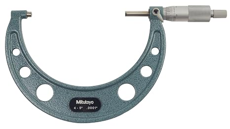Mitutoyo 103-219, 4-5 X .0001 Outside Micrometer, Ratchet, with Standard | Carbide-tipped measuring faces, ratchet stop mechanism, +/-0.00015" accuracy, measures metal and non-metal workpieces