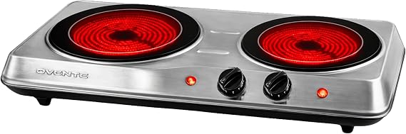 OVENTE Electric Infrared Double Burner, 1700W Hot Plate, Silver BGI102S