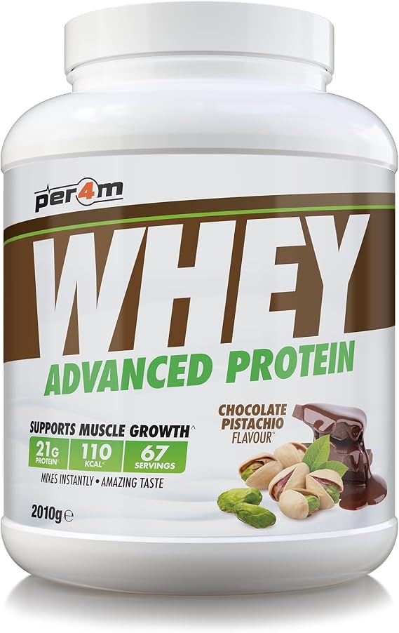 Per4m Whey Protein Powder | High Protein Shake for Muscle Growth & Recovery | Low Sugar Gym Supplement | Sports Nutrition Drink + Amino Acids (2010g, Chocolate Pistachio)