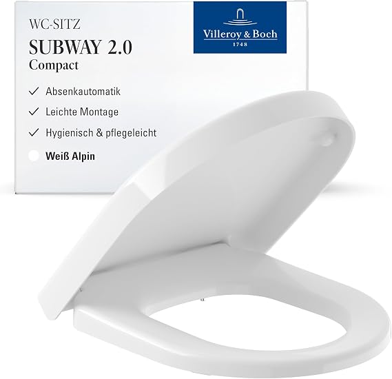 Villeroy & Boch Subway 2.0 Compact Toilet Seat with Soft-Close Mechanism Removable Toilet Seat Made of Shatterproof Duroplast Original Replacement Part D-Shape White Alpine Glossy
