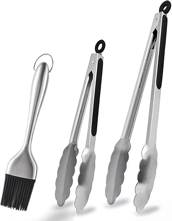 Stainless Steel Kitchen Tongs & Basting Brush Set Heat Resistant Up to 600F, Metal Locking Tongs for Cooking, Grilling, Baking & Barbeque (Silver, 9+12 inch)