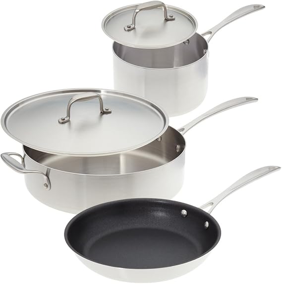 American Kitchen - Stainless Steel Cookware Set: 10 inch fry pan, 12 inch saute pan and 3 quart sauce pan, Made In America | Tri-Ply Stainless Steel | Even Heat Distribution | Riveted Handles | Oven Safe Design | Professional-Grade Performance