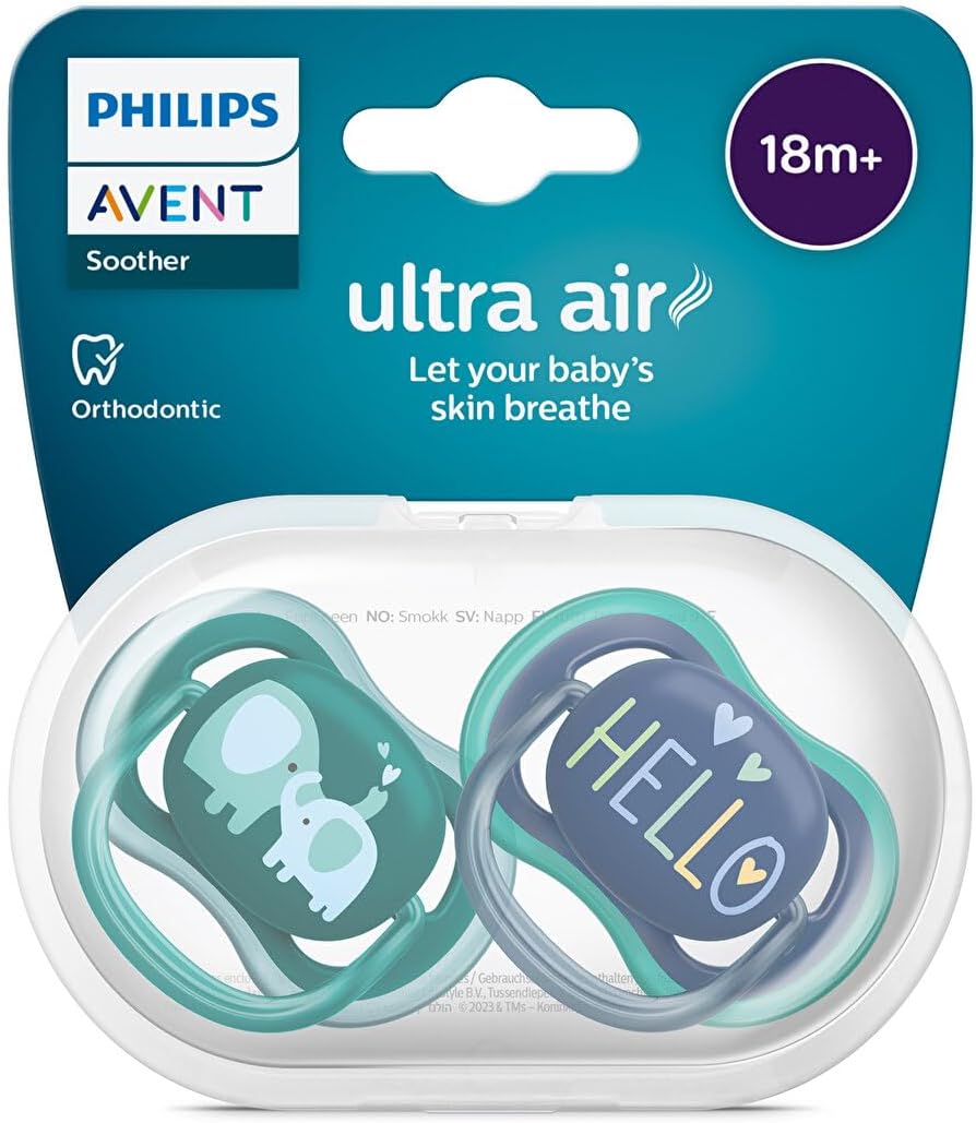 Philips Avent Ultra Air Pacifier, 18 Months, for Male Babies, 2’ Pack, Orthodontic Silicone, Wide Air Hole, Microwave Sterilizable, BPA Free, SCF34918