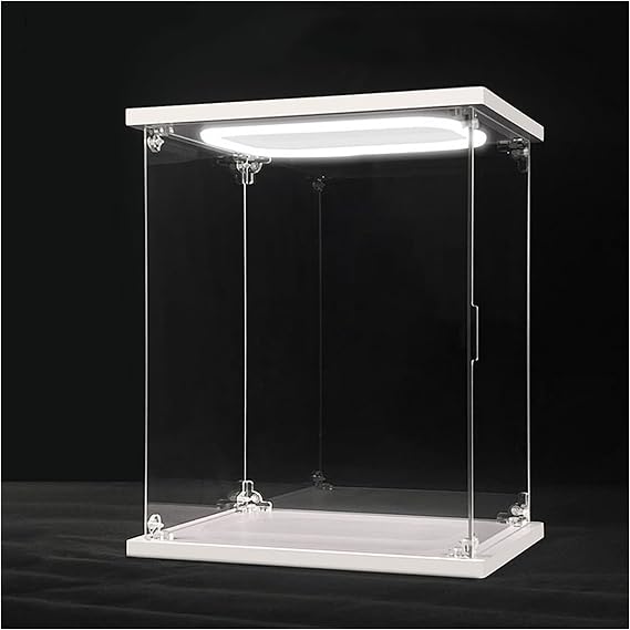Acrylic Case Acrylic Display Box with White Base and Lid, Removable Stackable Storage Case with Door, Decorative Box with LED Lights 30x30x60cm12x12x24in