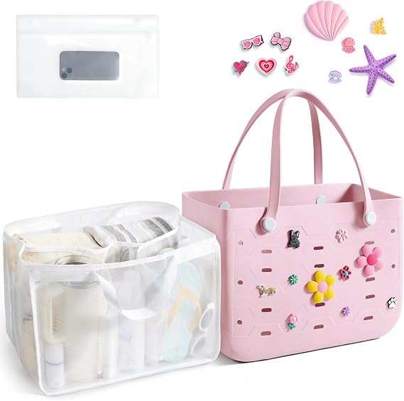 BAGSMART Beach Bag for Women, Water-resistant Rubber Tote Bag, Sandproof Vacation Essentials for Summer Swim Cruise Pool