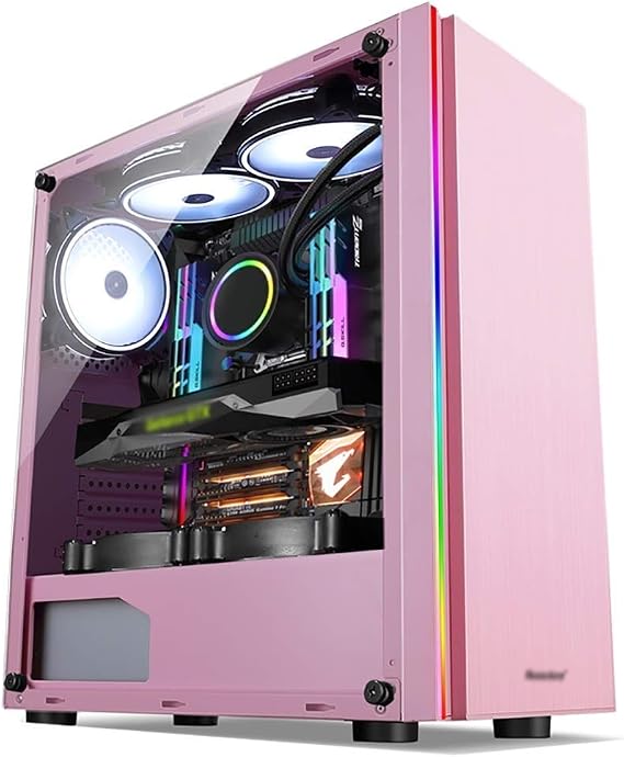 Computer Case, Mid-Tower ATX/M-ATX/ITX PC Game Shell, Magic Light Bar, USB3.0 / USB 2.0Tempered Glass Side Panel-Cable Management System-Pink