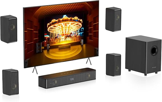 5.1.2ch Virtual Surround Sound System, 4 Surround Speakers, Home Theater Sound Bar for Smart TV, 400W Peak Power, Soundbar with Subwoofer Deep Bass, Works w/ARC/OPT/BT 5.3, HiPulse N512