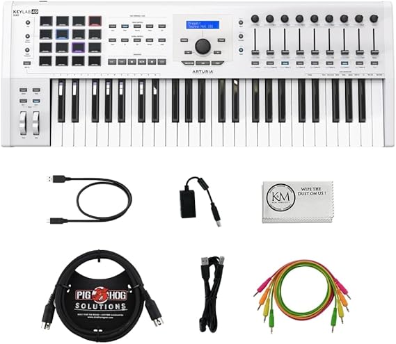Arturia KeyLab 49 MkII Professional MIDI Controller and Software | White Bundled with Patch Cables |4pk + MIDI Cable + Cleaning Cloth (4 Items)