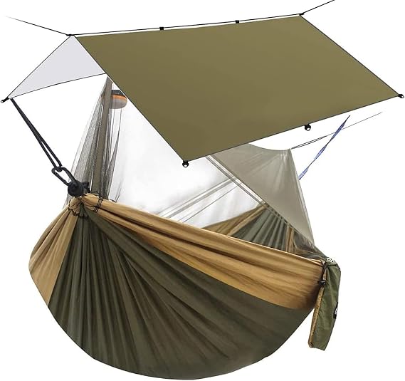 Sunyear Double Camping Hammock with Net & Sunyear Hammock Rain Fly Tent Tarp Provides Effective Protection Against Rain