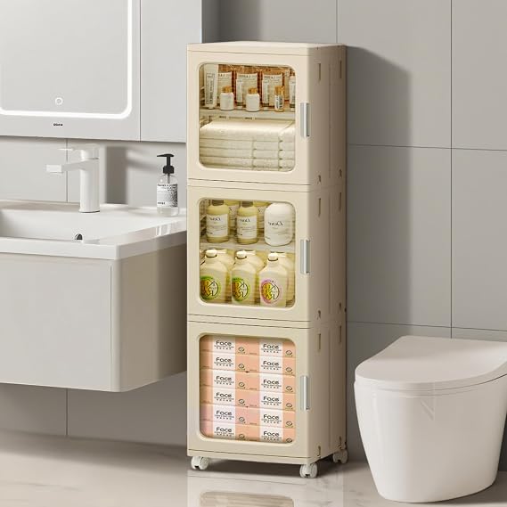 3-Tier Slim Bathroom Storage Cabinet for Small Space,Beige