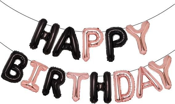 Accevo Black Rose Gold Happy Birthday Banner, 16 Inch Mylar Foil Letters Birthday Balloon, Happy Birthday Balloon for Kids, Child, Adults, Boys & Girls Happy Birthday Sign Birthday Party Decorations