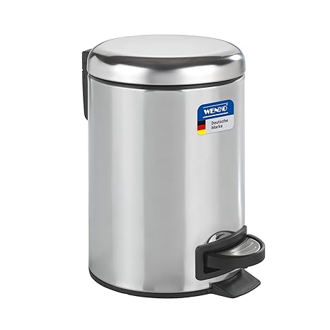WENKO Basket, Small Trash Can with Lid and Pedal, Garbage Bin for Bathroom with Removable Inner Bucket, Stainless Steel, Shiny, 0.79 Gal, 9.84 x 8.86 x 6.69 in, 17 x 22.5 x 25 cm, Silver