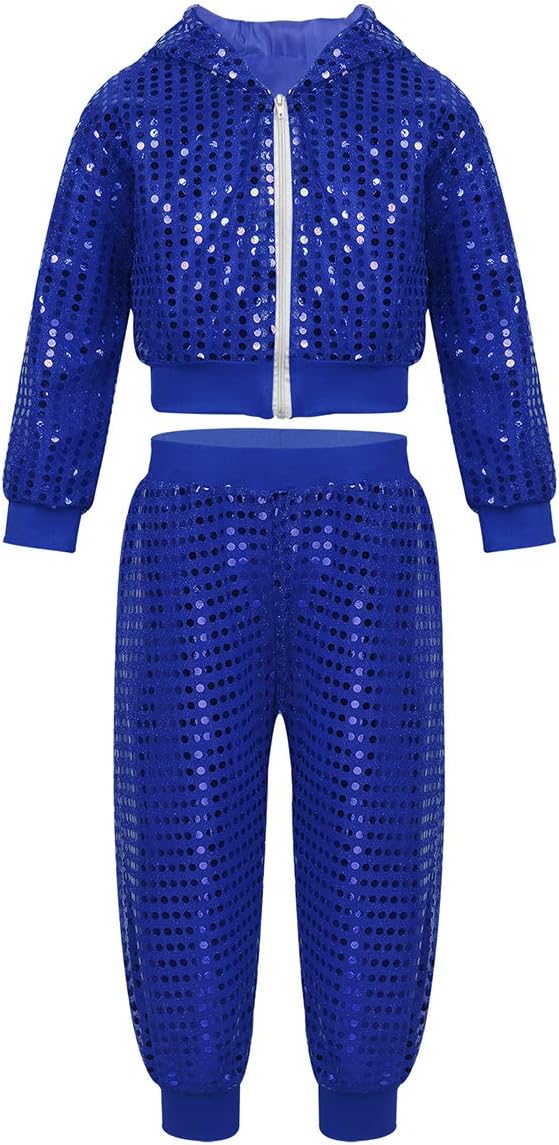 inlzdz Kids Girls Boys Hip hop Jazz Latin Performance Costume Sequins Hooded Top Jacket with Pants Street Dance Clothing Set