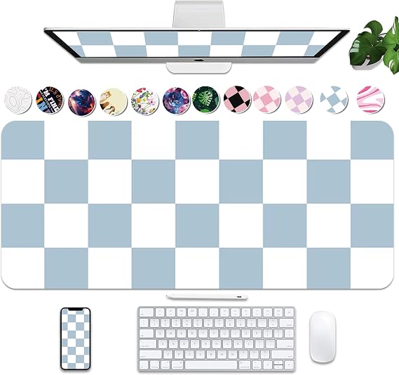 Large Checkered Desk Mat 35.4" x 15.7", PU Leather Desk Pad Protector, Large Mouse Pad for Desk, Non-Slip Blue Desk Mat, Waterproof Writing Pad for Office and Home