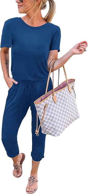 KIRUNDO Jumpsuits for Women Summer 2026 Casual Short Sleeve | One Piece Outfits, Drawstring Waist, Long Pants Romper, Lightweight Loose Comfy Jumpers with Pockets, Airport Travel Clothes