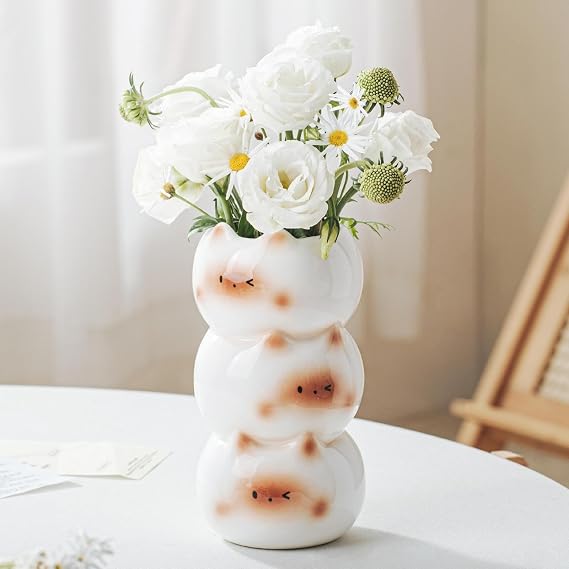 17cm Cute Cat Vase, Modern White Flower Vase Whimsical Ceramic Vases for Cat Lovers, Unique Vases for Home Farmhouse Bedroom Living Room Table Centerpieces Shelf Ornaments