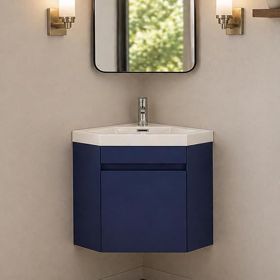 wonline 22" Corner Bathroom Vanity Sink Combo for Small Space Wall Mounted Cabinet Set Design Navy Resin Basin Sink Top Chrome Faucet and Drain
