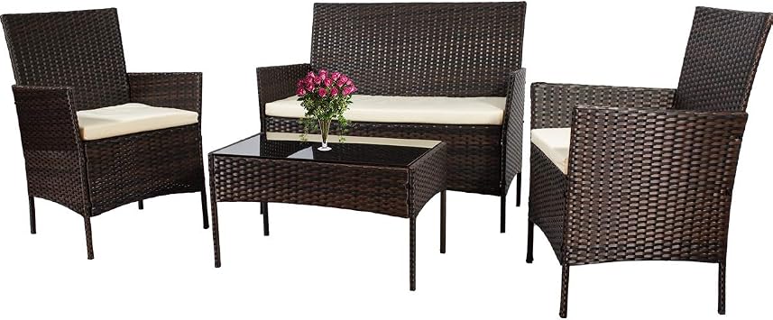 Patio Furniture, Outdoor Furniture,4 Piece Patio Furniture Set 4 Piece Outdoor Wicker Sofas Rattan Chair Wicker with Glass Table with Cushioned Seating,Outdoor Patio Furniture(Brown)