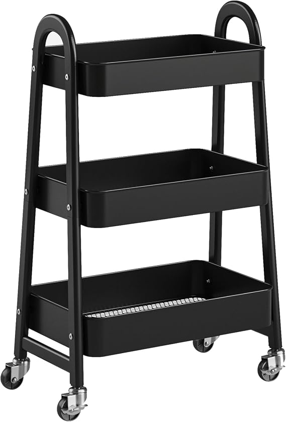 OLIXIS Metal 3 Tiers Rolling Storage Utility Cart with Lockable Wheels