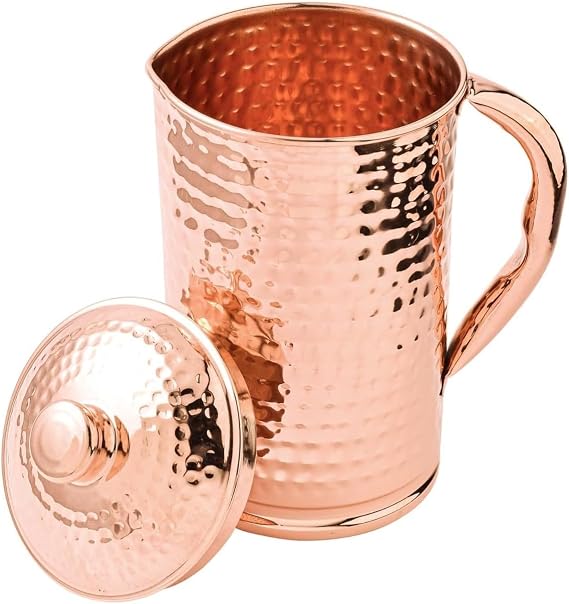 100% Pure Copper Pitcher 50.72 Oz / 1500 ml | Drinking Water Traditional Hammered Pitcher With Lid | Copper Jug Handle Water Bottle | Ayurveda Health Benefits | Serving Water in Daily Use