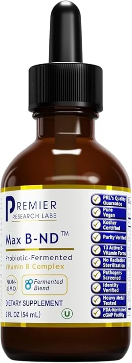 Premier Research Labs Max B-ND Liquid Vitamin - B-Complex for Liver & Brain Health, Liquid Drops for Energy, Immune & Adrenal Support for Men & Women, Thiamin, B12, B6 & More - 2 fl oz