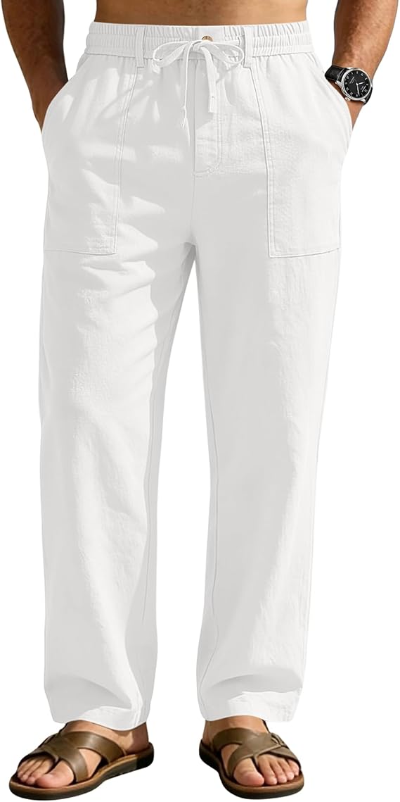 Linen Pants Men Casual Elastic Waist Drawstring Loose Straight with 4 Pockets