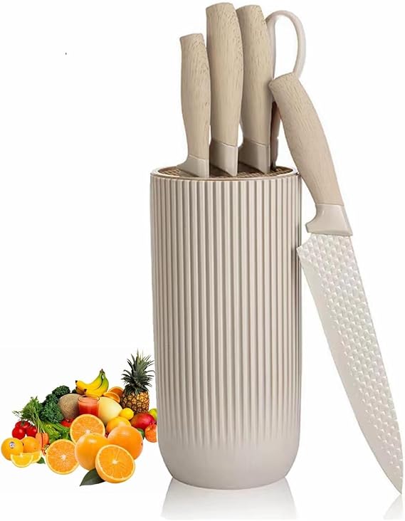 6 Pcs Wooden Coating Stainless Steel Kitchen Knife Set with Block (Beige)