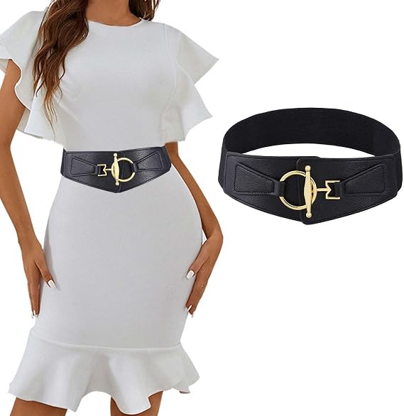 Tgirls Women's Gold Thick Belt Wide Elastic Waist Belts for Dresses with Gold Buckle