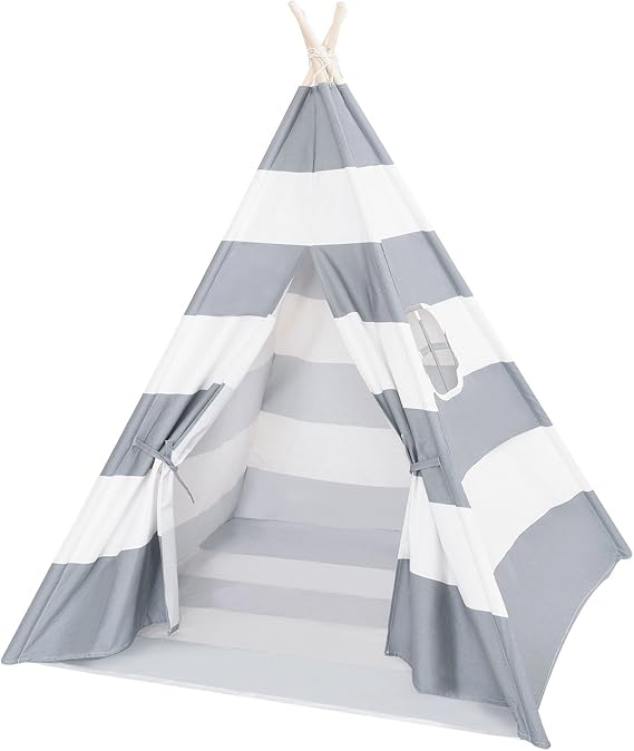 Kids Teepee Tent with Mat & Carry Case- Kids Foldable Play Tent for Indoor Outdoor, Grey Canvas Teepee - Kids Playhouse - Portable Kids Tent
