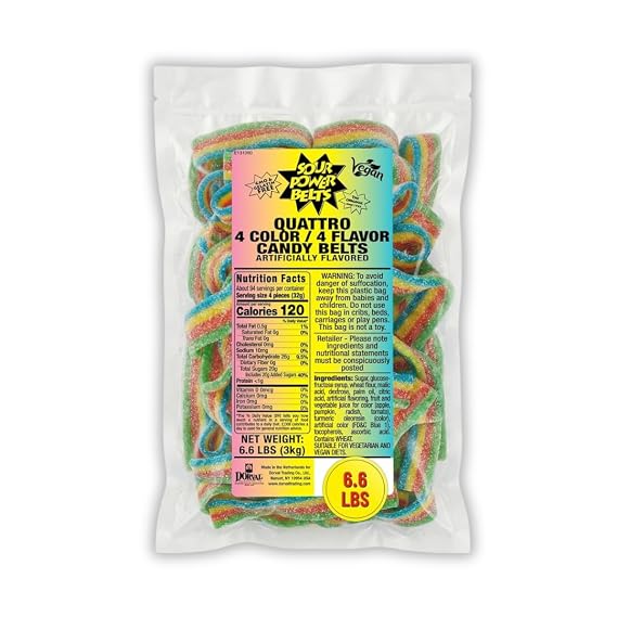 Sour Power Rainbow Sour Belts Candy, 6.6 lb Bulk Bag, Quattro Four Flavor Sour Belts Since 1985, Strawberry Blue Raspberry Green Apple Tutti Frutti, Vegan Soft Chewy Non-GMO Gelatin Free Bulk Sour Candy