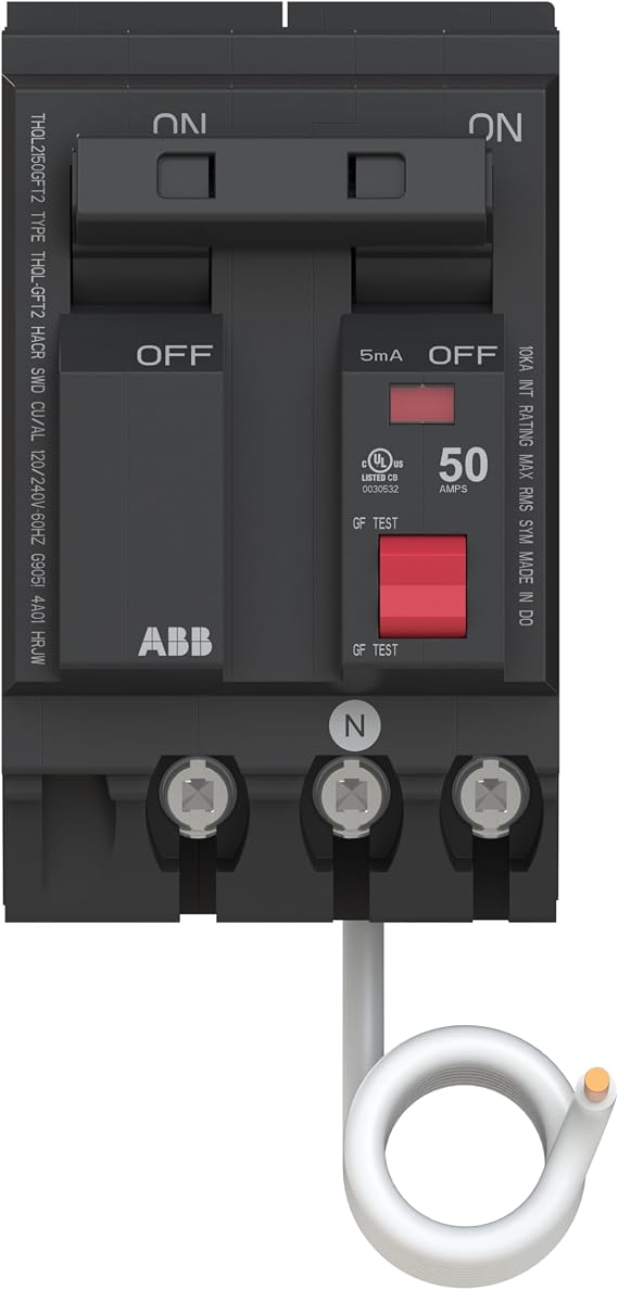 ABB Q-Line THQL2150GFT2 Ground Fault Circuit Breaker 50 Amp Double-Pole Breaker GFCI Protection 120/240 VAC 10 kAIC Interrupt Rating Plug-On Pigtail Breaker for Load Centers