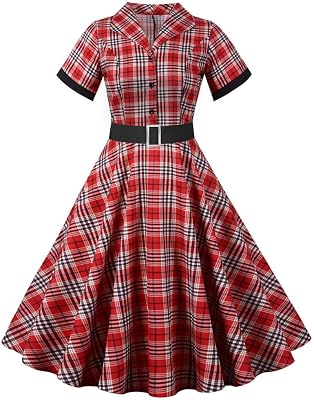 Womens 50s 60s Vintage Party Dress Lapel V Neck Tea Dress Plaid Print Button Down Rockabilly Dress Short Sleeve Dresses