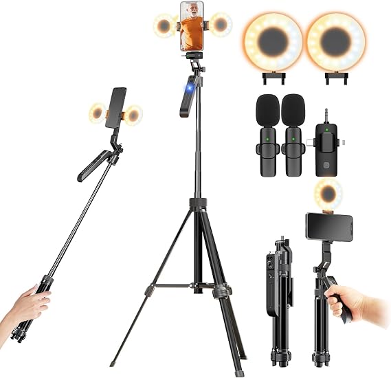 Auto Face Tracking Tripod Vlogging Kit for iPhone and Android Phone with Dual Lights/Dual Wireless Microphone/Multi-Function Remote,Expandable YouTube Starter Kit Content Creator Essentials