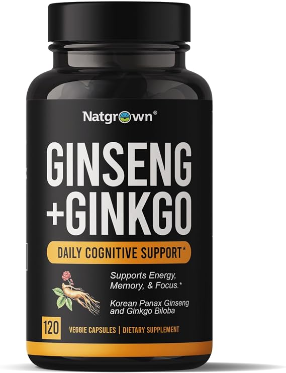 Natgrown Panax Ginseng & Ginkgo Biloba Supplement - Vegan - 120 Count