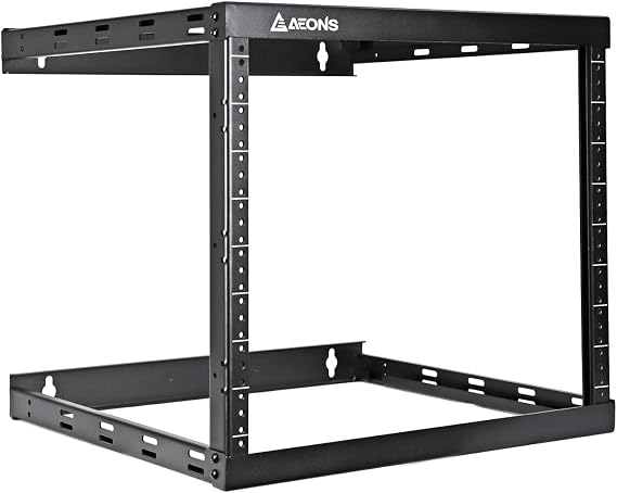 AEONS 8U 2-Post Wall Mount Open Frame 19-Inch IT Network Server A/V Equipment Rack 18 Depth 12-24 Threaded 150lbs Weight Capacity, Black