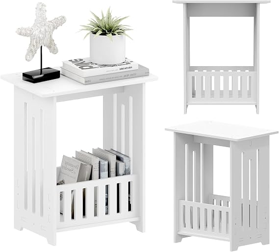 2 Tier Narrow Side Table with Storage Shelf, Modern Small Bedside Sofa Slim End Table Space Saving with Magazine Rack, White Bedside Table, Small Tables for Living Room, Hallway, Bedroom