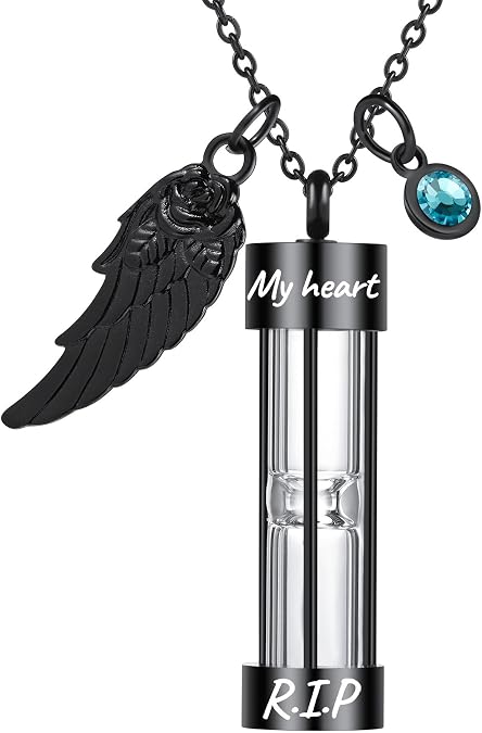 Personalized Timeless Hourglass Ashes Necklace with Engraving Text/Angel Wing/Birthstone/Round Photo Tag Memorial Cremation Urn Jewelry Keepsakes for Men/Women/Pet Ashes