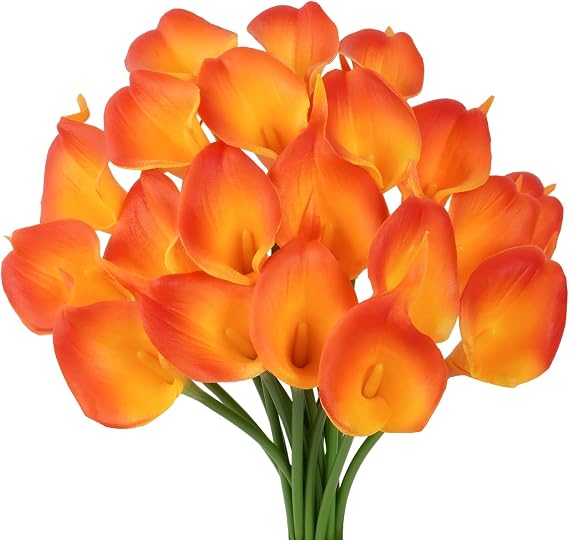 20pcs Artificial Calla Lilies Orange Fake Flowers Long Stem Artificial Flowers Wedding Bouquet Real Touch Calla Lily Flowers for Bridal Bouquet Arrangement Home Hotel Decoration Garden