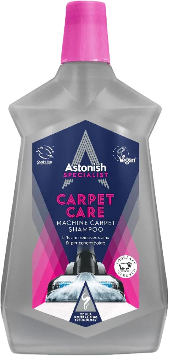 Astonish Specialist Machine Carpet Cleaner 1000ml Solution Deep Odor Lifting Shampoo for Wool & Synthetic Rugs Stain Remover Concentrate for Major Cleaning Units, Fresh Scent