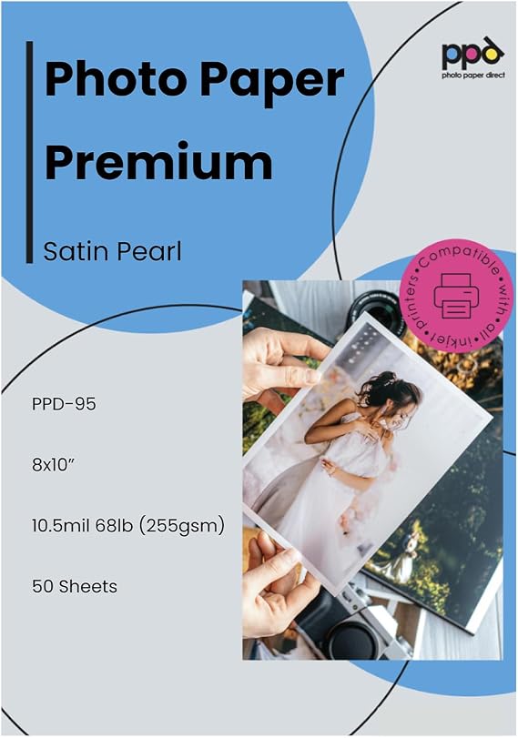 PPD 8x10'' 50 Sheets Satin Photo Paper Inkjet Premium Semi-Gloss 255 gsm - PPD-95-50