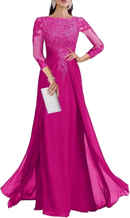 Yuxin Mother of The Bride Dresses for Wedding 3/4 Sleeve Lace Applique Chiffon Mother of The Groom Dress Long Sleeve Formal Wedding Evening Gowns Corset Hot Pink Us2