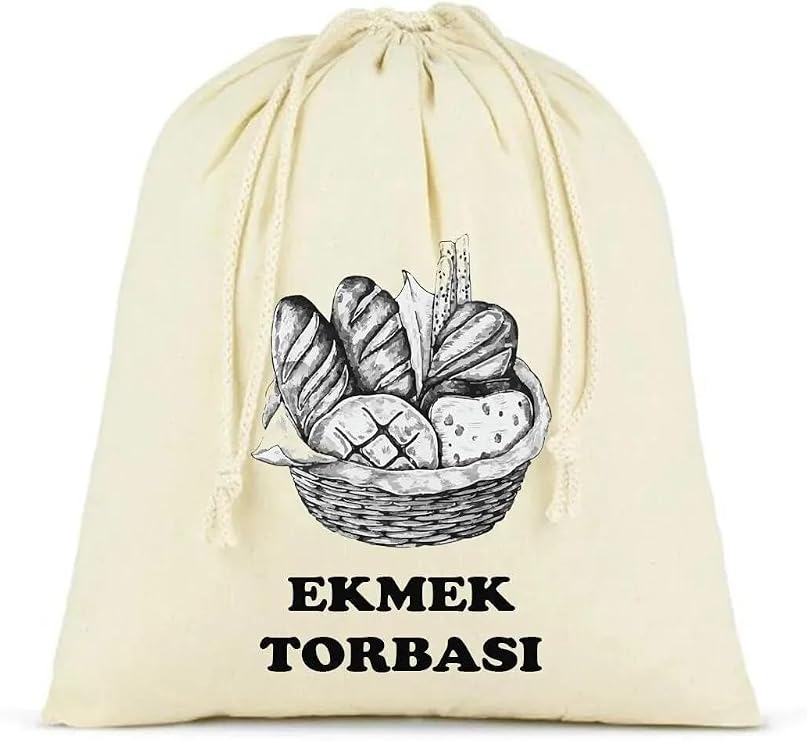 Bread Bag, Cotton Cloth Bag, 40x40 cm, Printed Bread Pattern, Cream Color