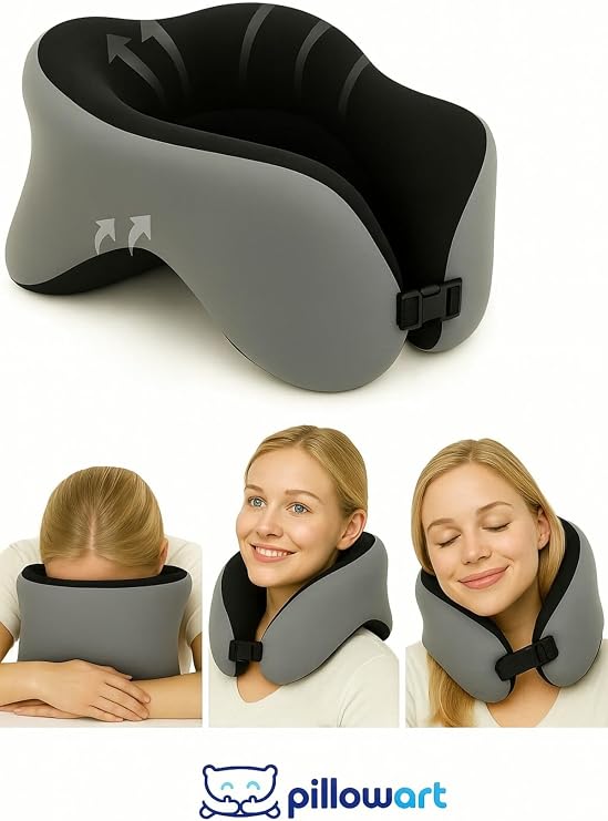 PİLLOWART Boyun ve Baş Destekli Seyahat Yastığı, Ergonomik Visco Teknoloji, Uçak Araba Ev İçin, Gri