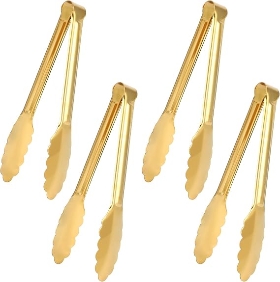 4 Pack Gold Tongs for Serving Food, 9 Inch Serving Tongs for Buffet, Party Salad Tongs for Stainless Steel Utensils, Metal Kitchen Tong for Steak, Appetizer, Snack and Small Food