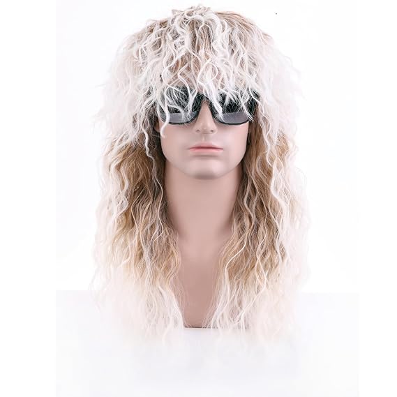 BERON 70s 80s Brown Gradient White Wigs for Men and Women Long Curly Mullet Punk Rocker Disco Wig