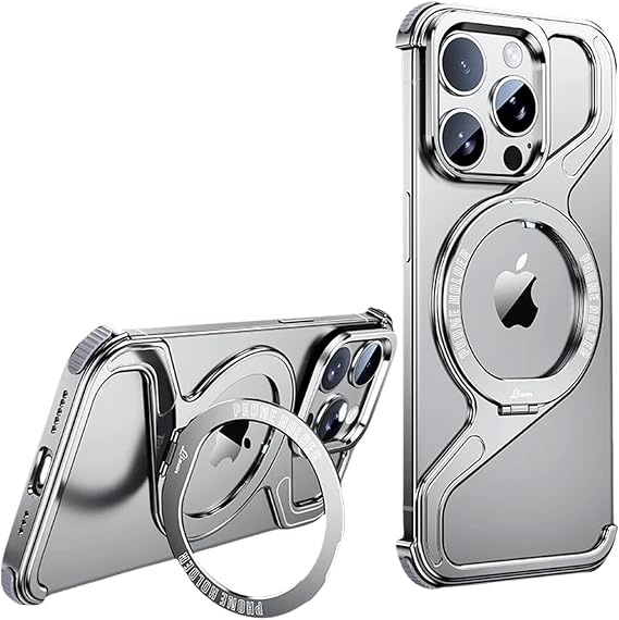 YUANSHXM-Minimalist Z Case for iPhone 15 Pro Max/15 Pro/15,Heavy Duty Protection Magnetic Ring Holder Metal Bezel Less Hollow Cooling Design Slim & Lightweight Case (15 Pro,Silver)