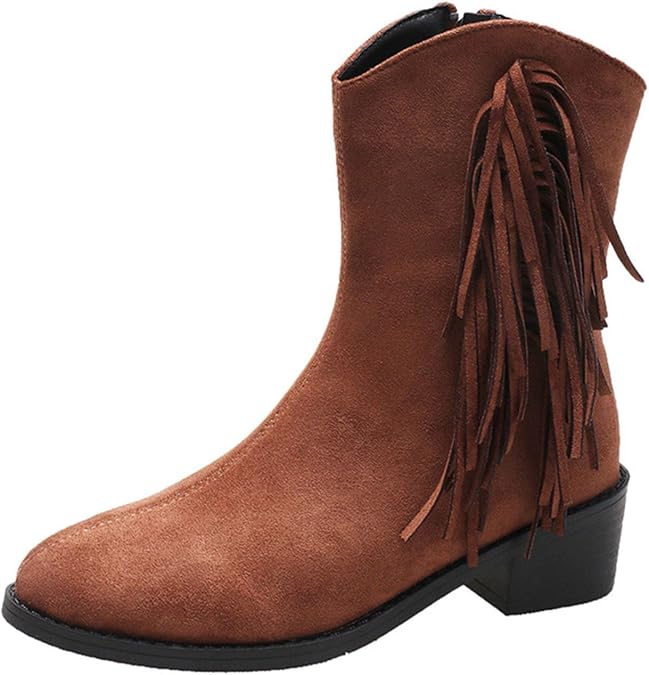 Women's Suede Ankle Boots, Pointed Toe Tassel Fringe Side Zipper Ankle Booties, Chunky Low Heel Cowgirls Western Boots for Women