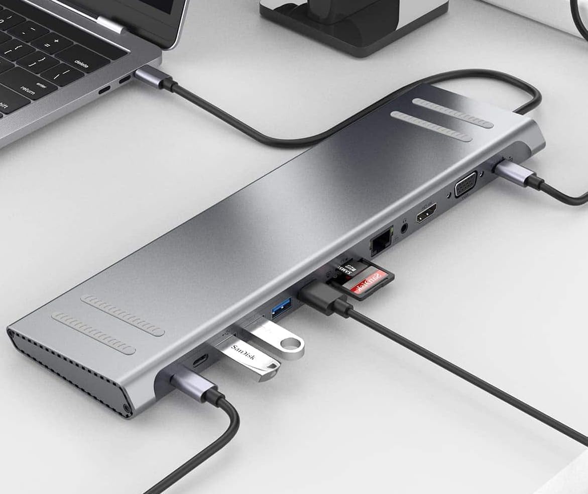 Coverzone 14in1 Type-C to Dock Station 14 in 1 HDMI VGA PD3.0, 4  USB, 2  USB C, 10  100M Gigabit 14 in 1 Macbook Compatible Adapter 9199A