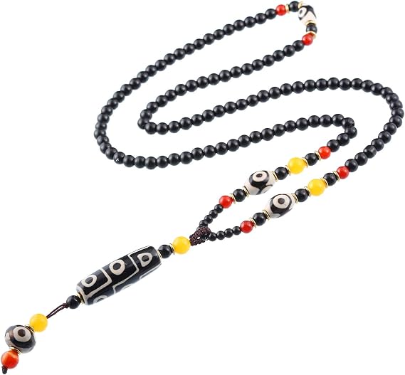ZenBless Dzi Beads Tibetan Necklace Mala Beads Feng shui Buddhist Meditation Amulet Three Eyes Nine Eyes Dzi Bead Necklace Good Luck Gifts for Women Men